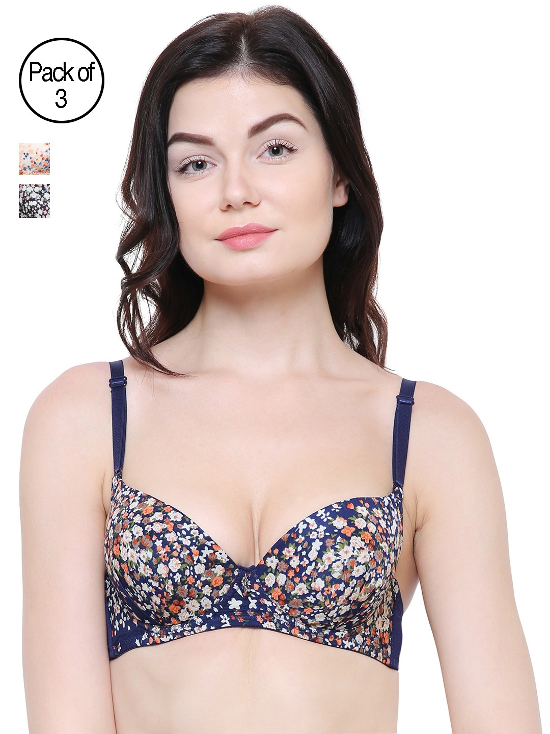 

Friskers MultiColored Pack Of 3 Push Up Bras O-691-01-05-09, Navy blue