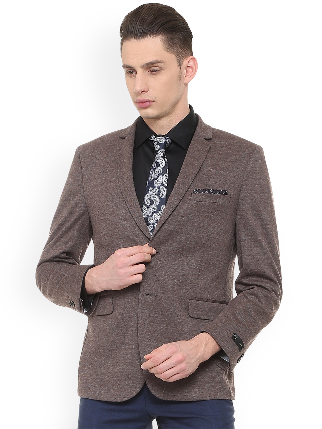 

V Dot Men Brown Self-Design Single-Breasted Blazer