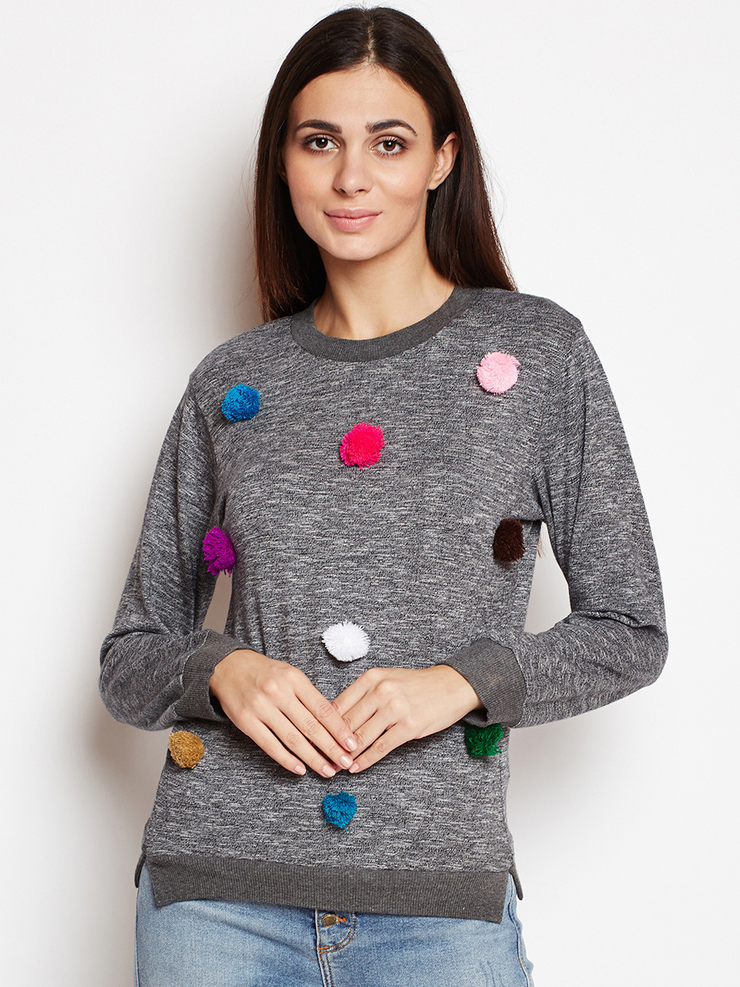 

Oxolloxo Women Grey Self-Design Sweatshirt