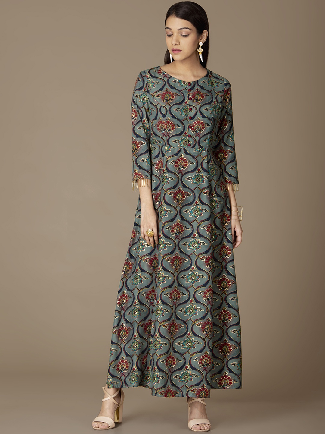 

INDYA Women Mustard Printed Maxi Dress, Blue