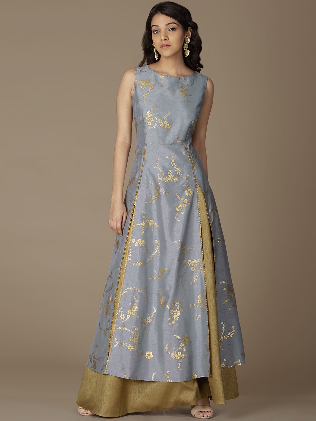 

INDYA Women Grey & Gold-Toned Floral Print A-Line Kurta