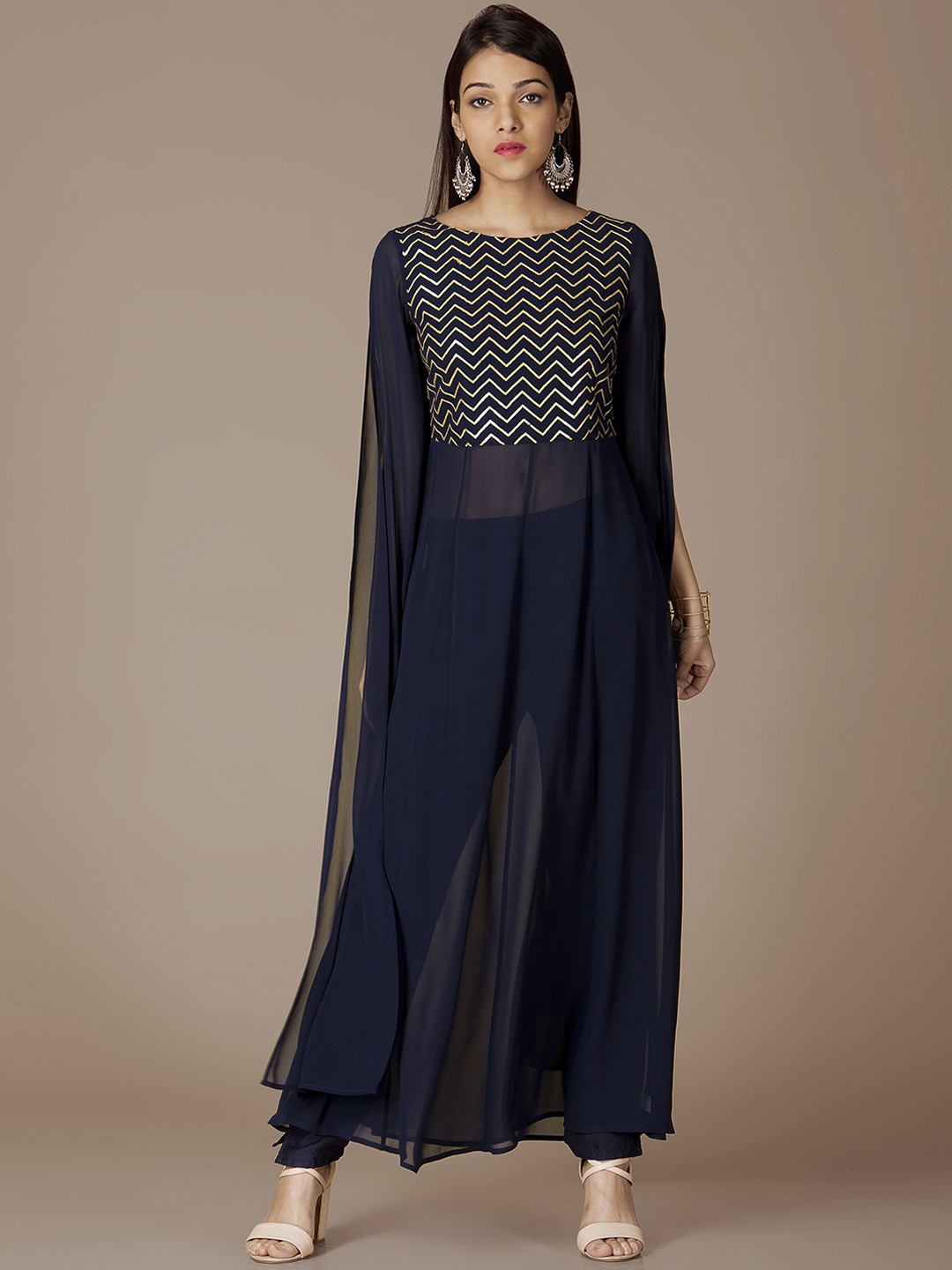 

INDYA Navy Chevron Embroidered Yoke Georgette Tunic, Blue