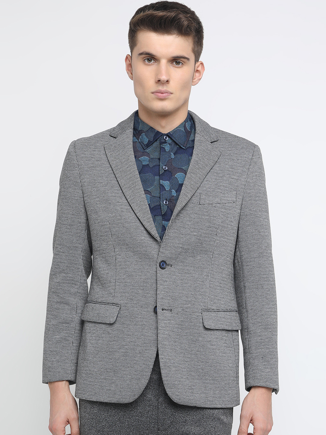 

Basics Men Grey Self-Design Single-Breasted Blazer