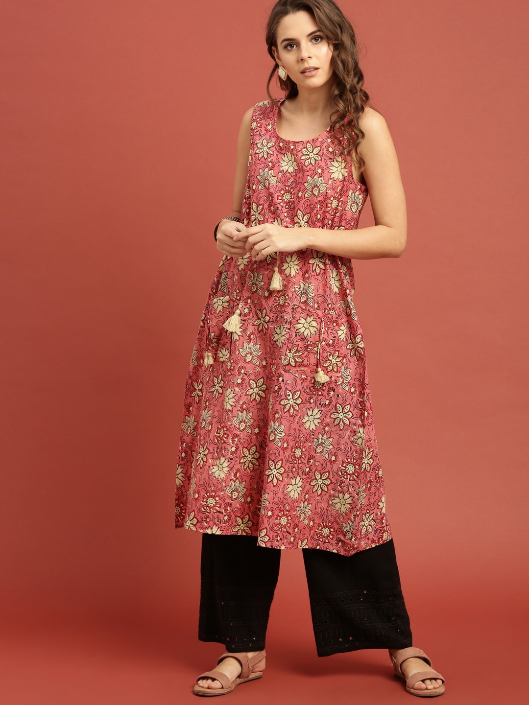 

Taavi Women Peach-Coloured Block Print Legacy A-Line Sustainable Kurta with Waist Tie-Ups & Pockets