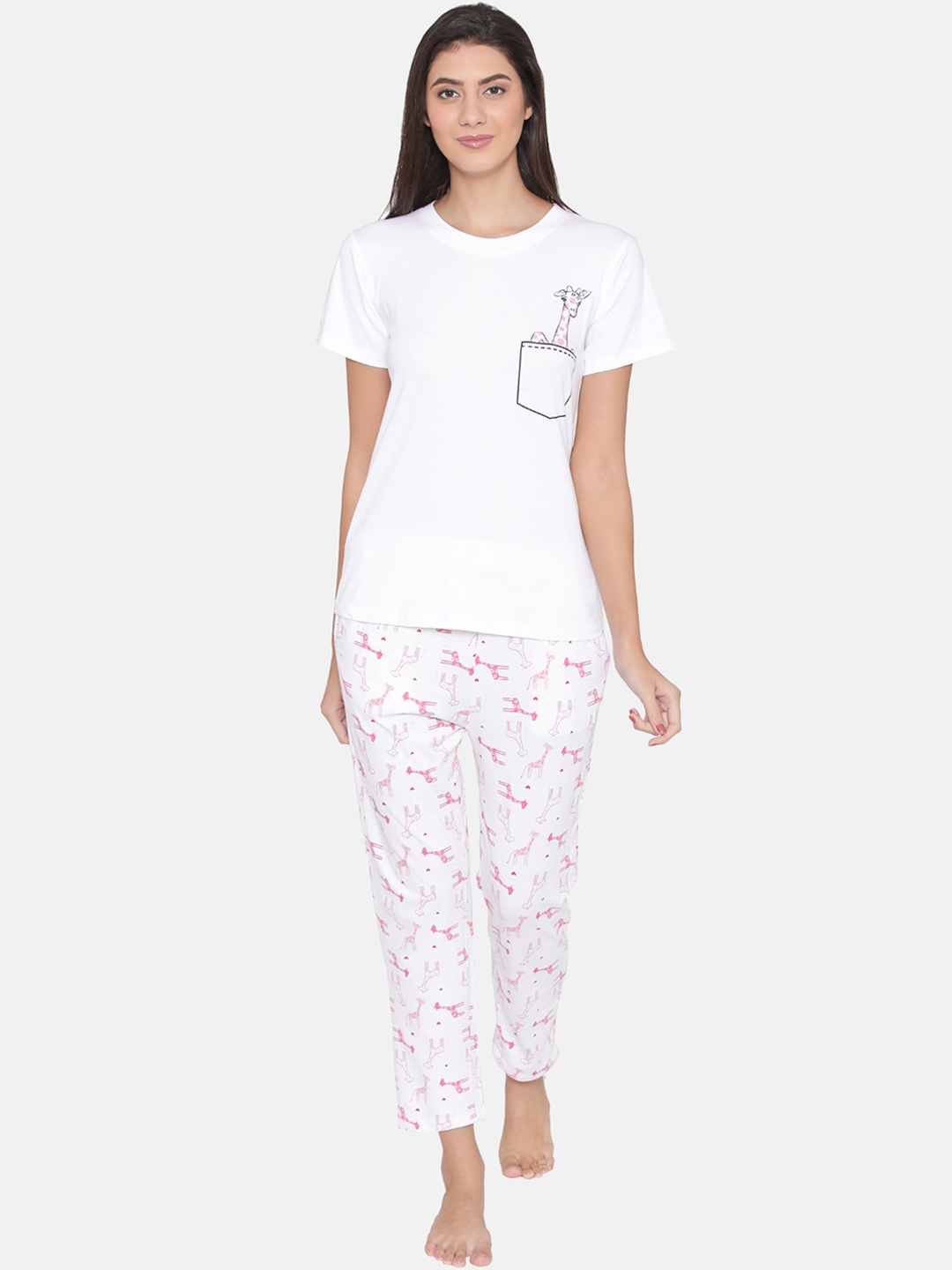 

Clovia Women White & Pink Printed Lounge Set LS0339A18XL