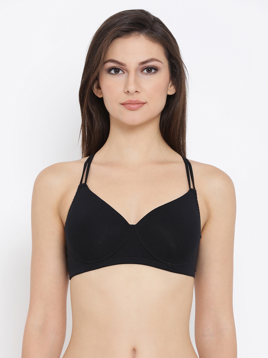 

Clovia Cotton Padded Non-Wired T-Shirt Crossback Bra, Black