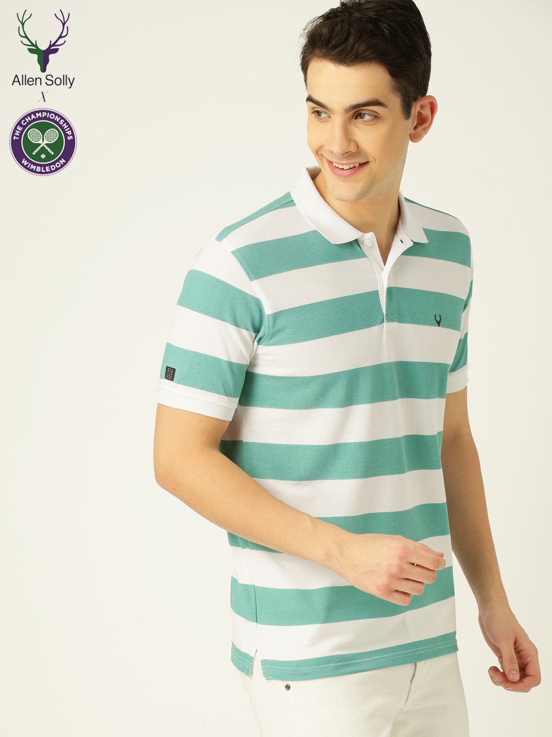 

Allen Solly Sport Men Green & White Striped Polo Collar T-shirt