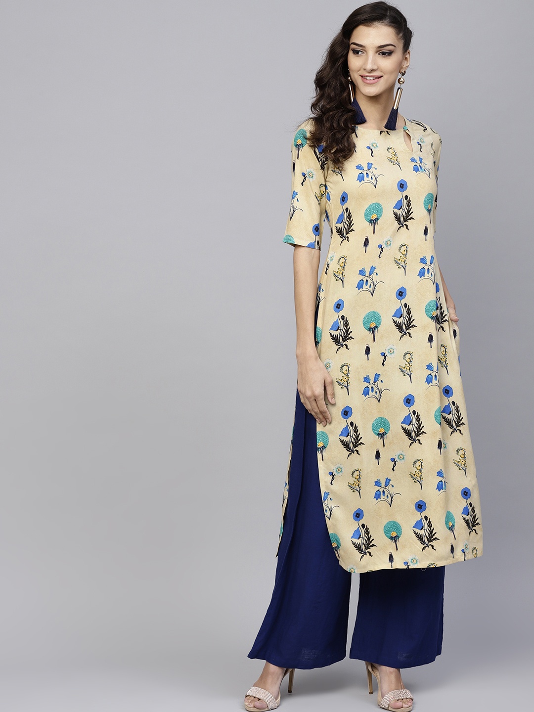 

Gerua By Libas Women Beige Blue Printed Straight Kurta