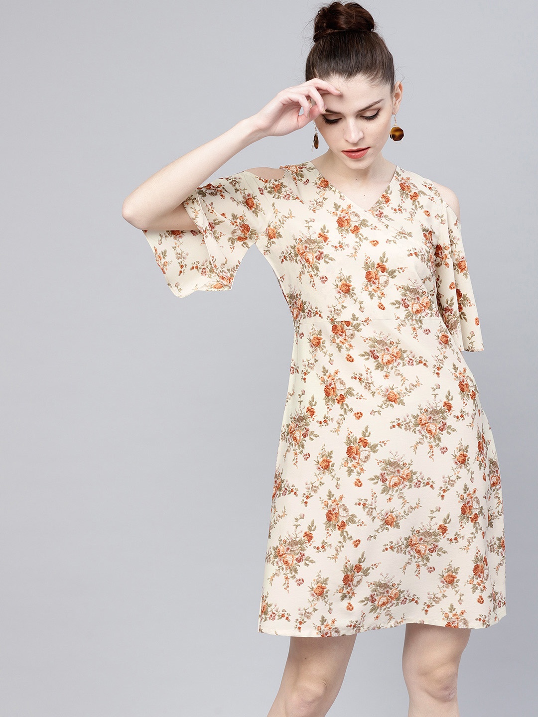 

GERUA Women Off-White Floral Print Cold Shoulder A-Line Dress