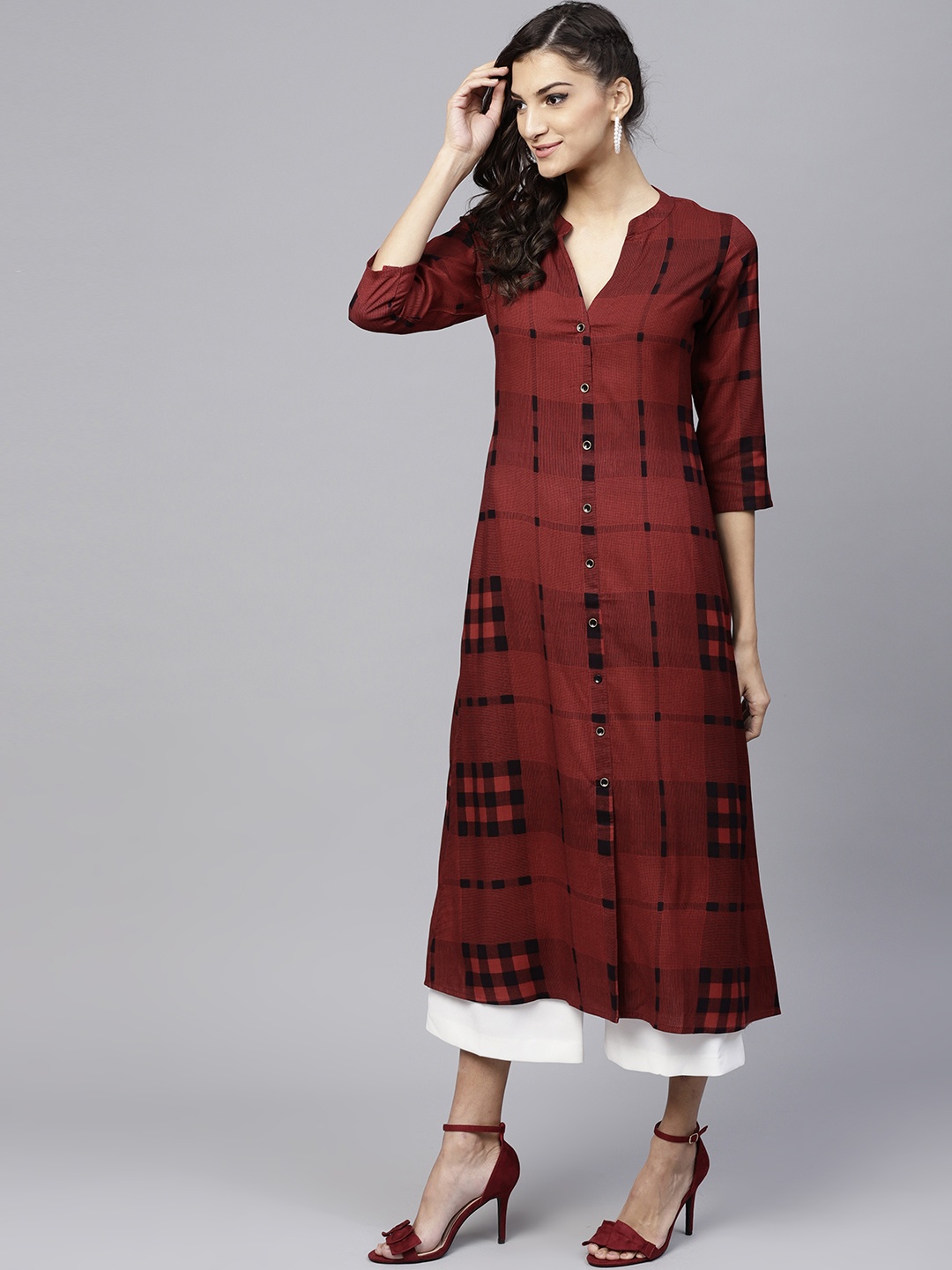

GERUA Women Maroon & Black Checked A-Line Kurta