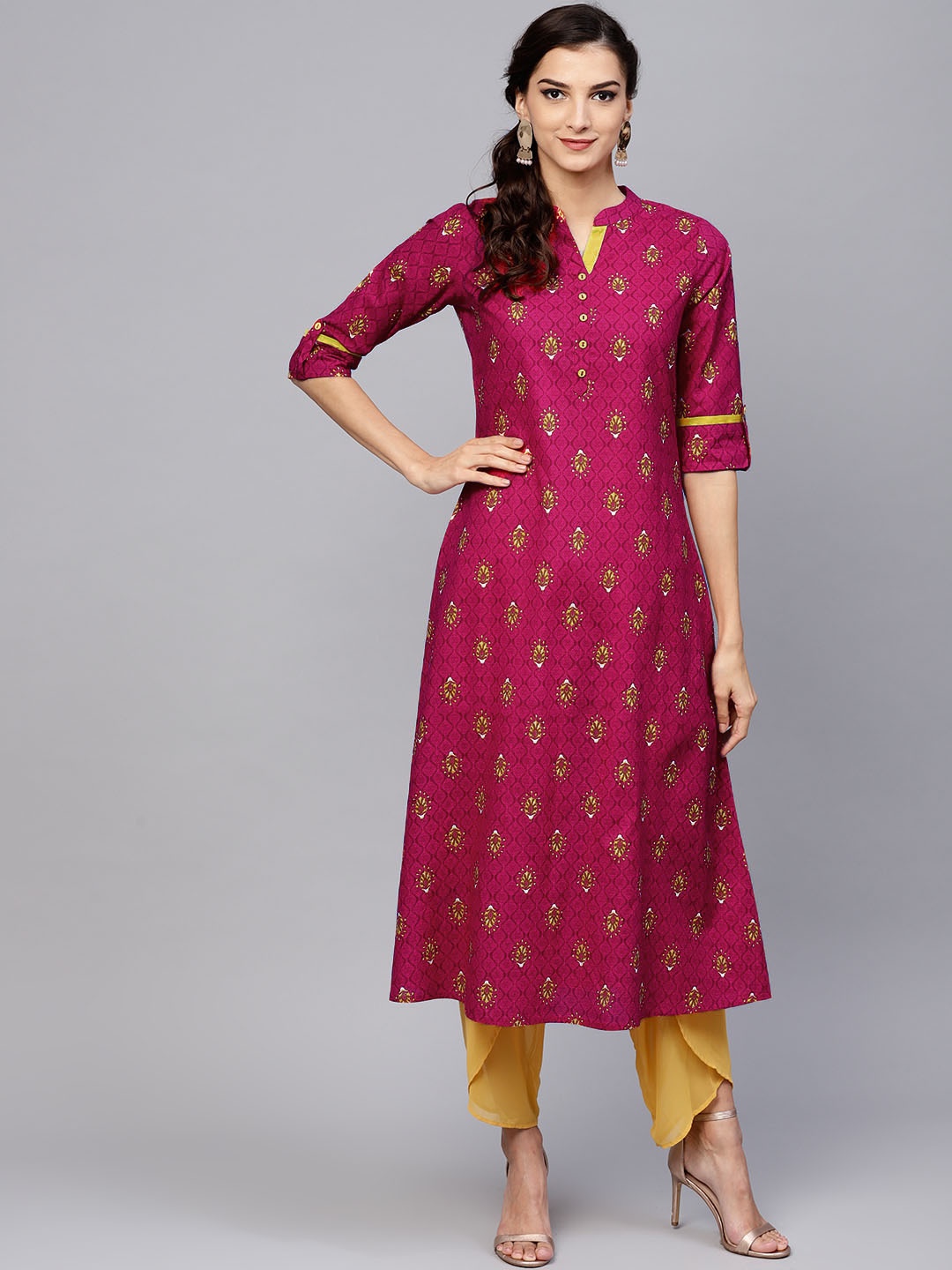 

GERUA Women Magenta & Yellow Printed A-Line Kurta