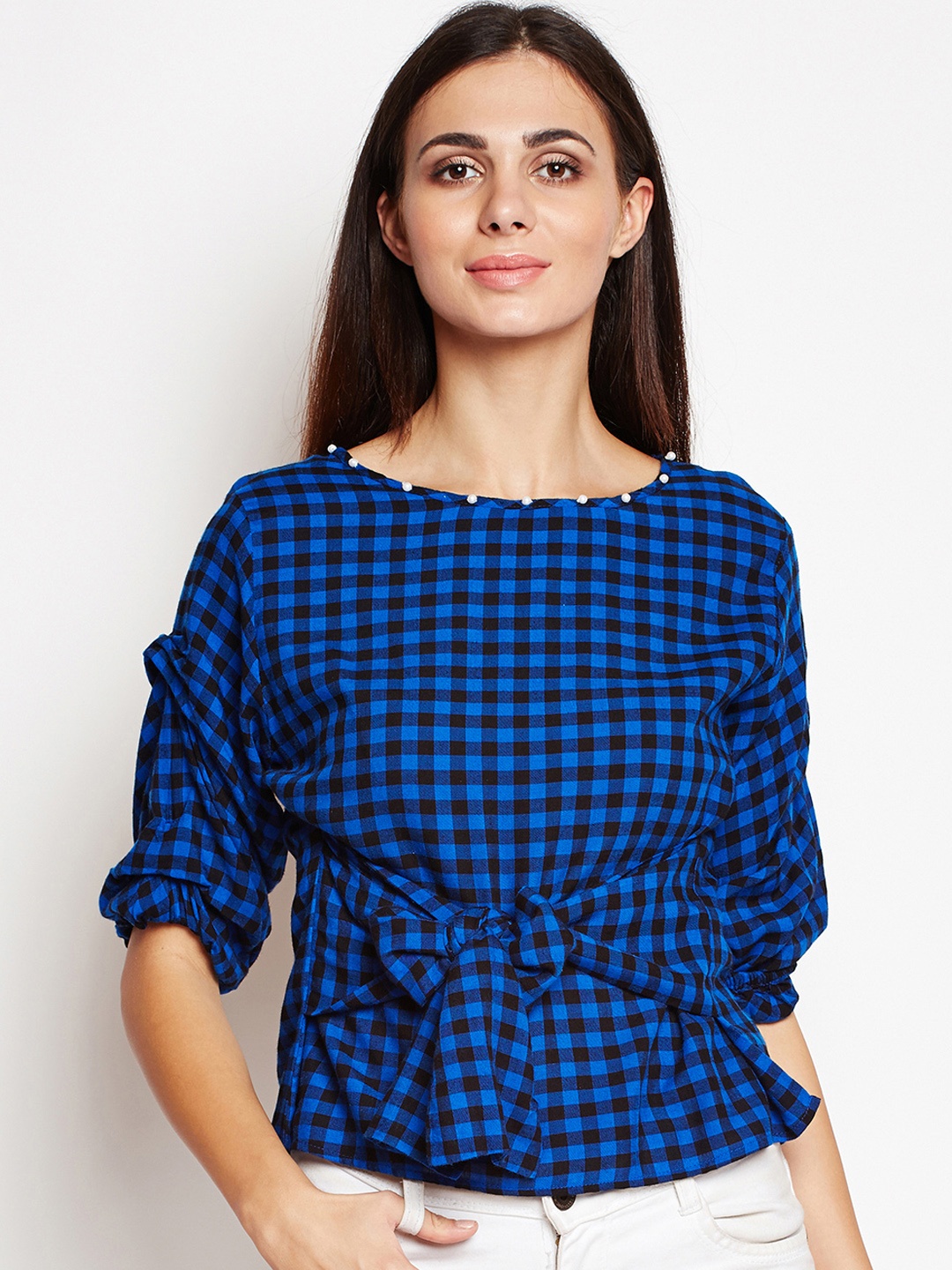 

Oxolloxo Women Blue and Black Checked Cinched Waist Top