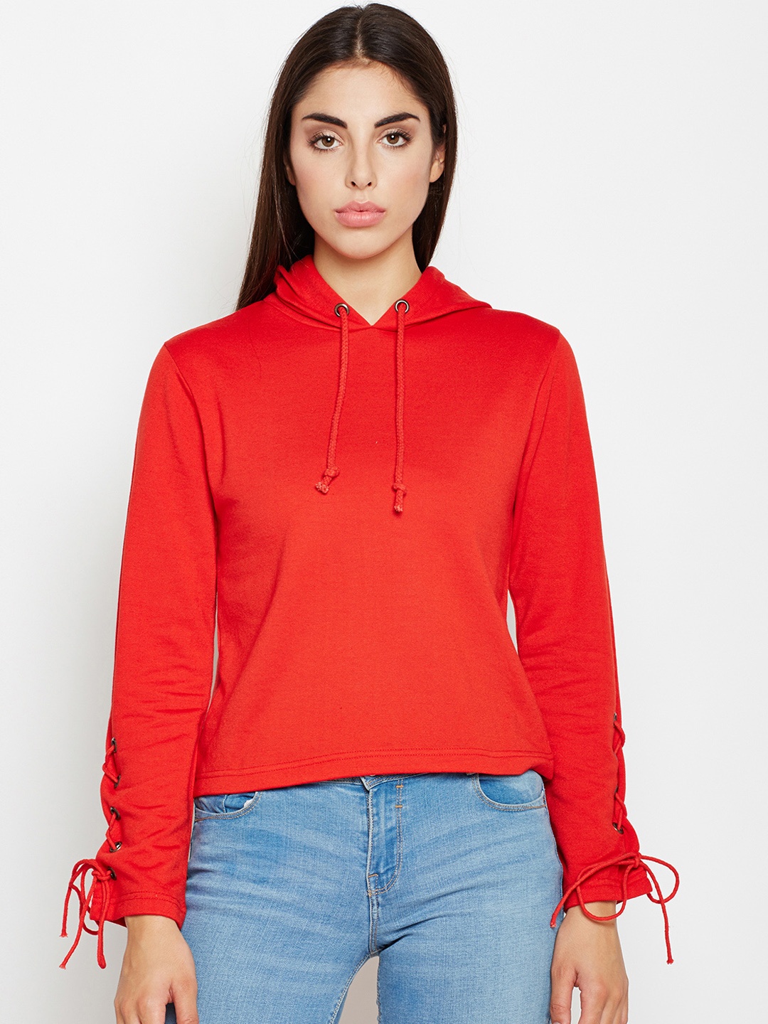 

Oxolloxo Women Red Solid Hooded Sweatshirt