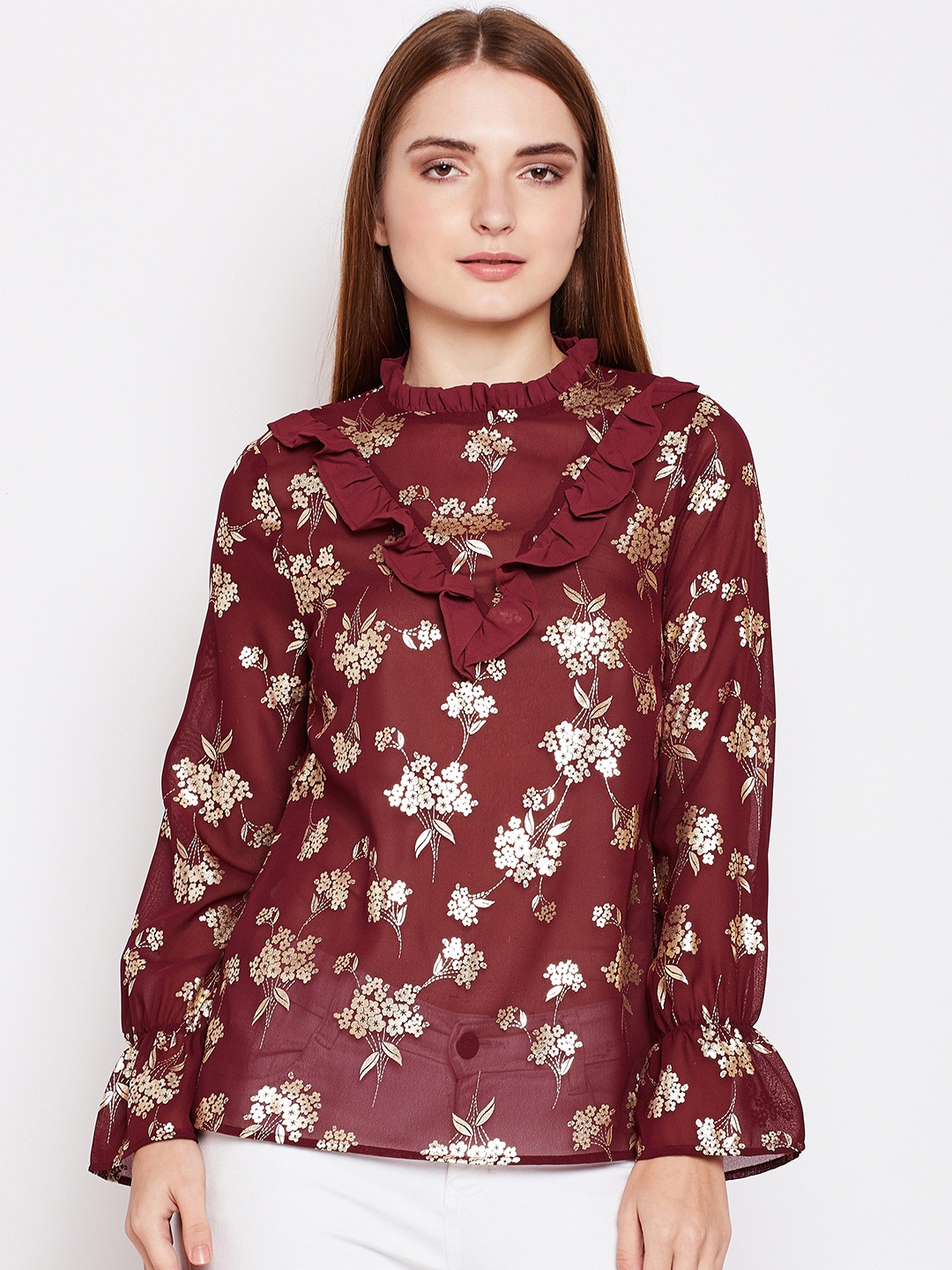 

Oxolloxo Women Maroon and Gold-Toned Printed Cinched Waist Top