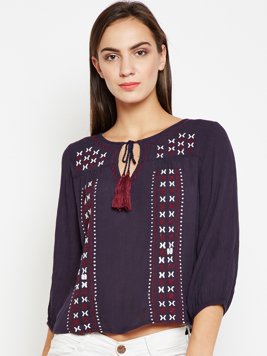 

Oxolloxo Navy Embroidered Crop Top, Navy blue