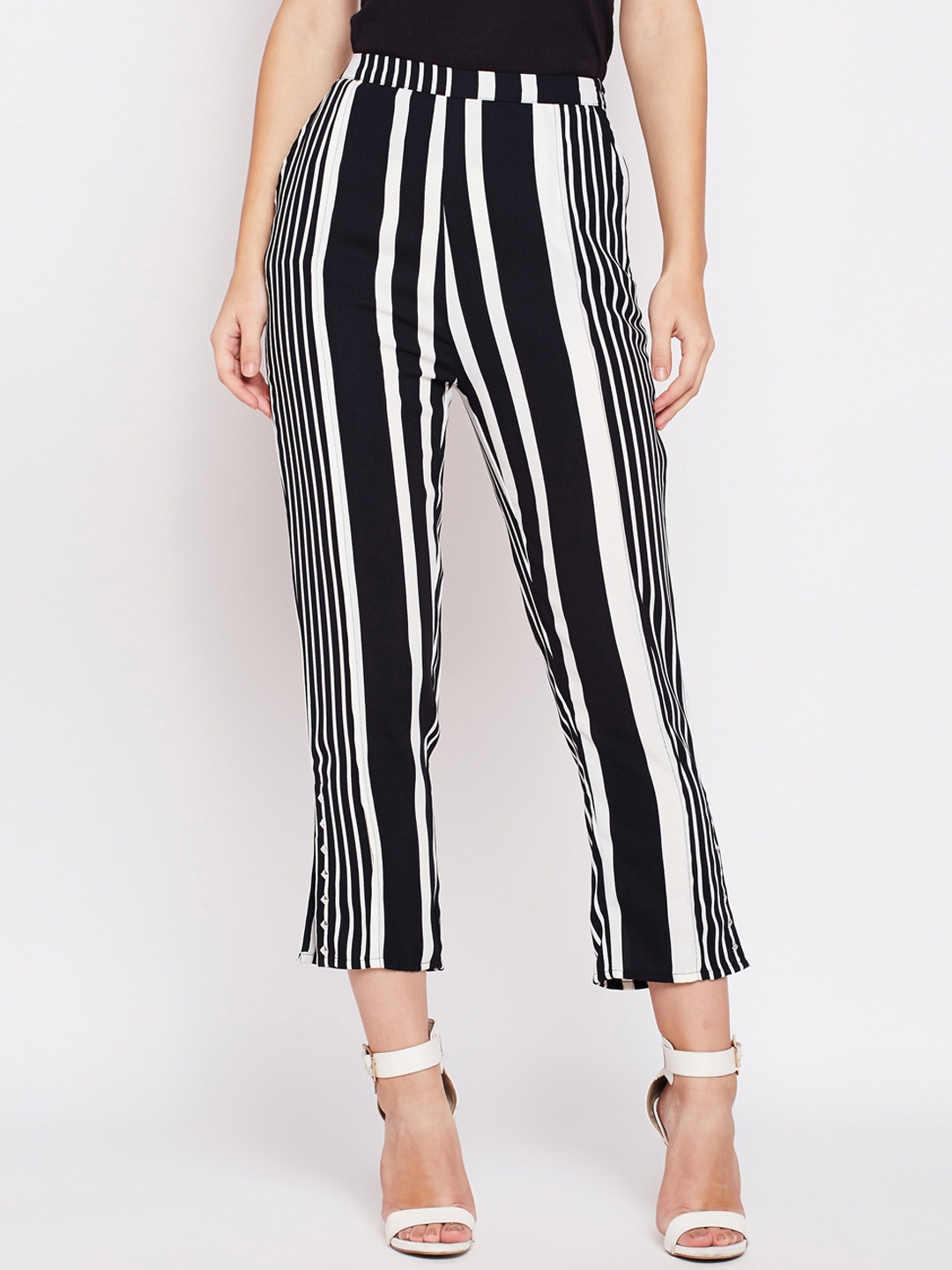 

Oxolloxo Women Black & White Striped Regular Fit Cropped Trousers