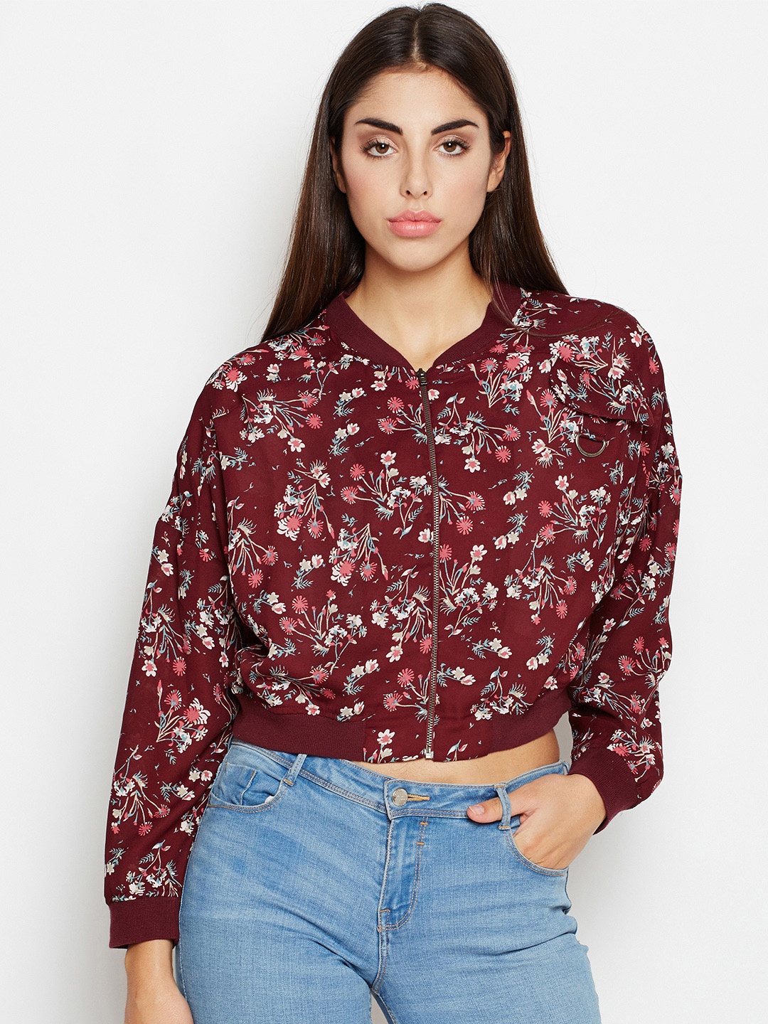 

Oxolloxo Women Maroon Printed Cropped Bomber Jacket