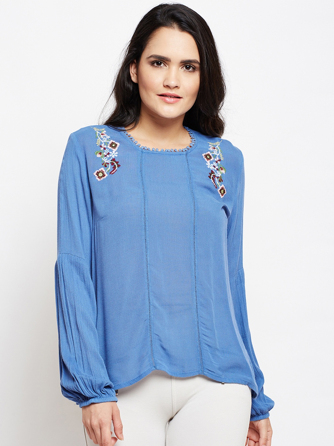 

Oxolloxo Amiya Sea Hue Embro Peasant Top, Blue