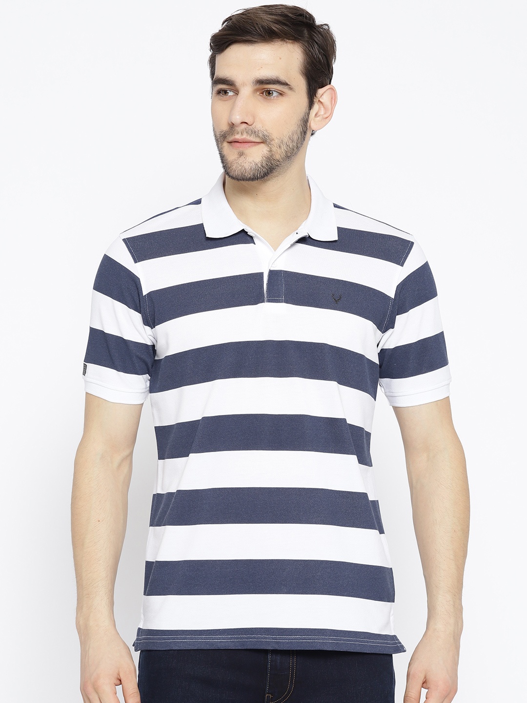 

Allen Solly Sport Men Navy Blue & White Striped Polo Collar T-shirt