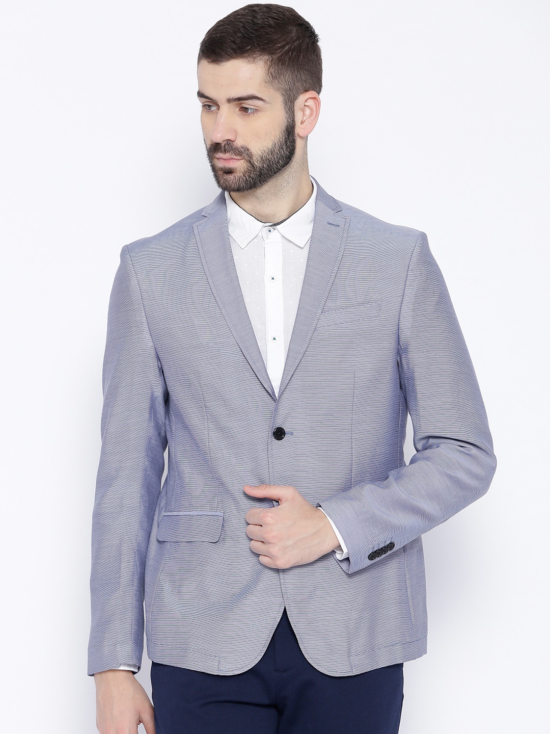 

Blackberrys Blue Pinstriped Single-Breasted Soft Cont Fit Smart Casual Blazer