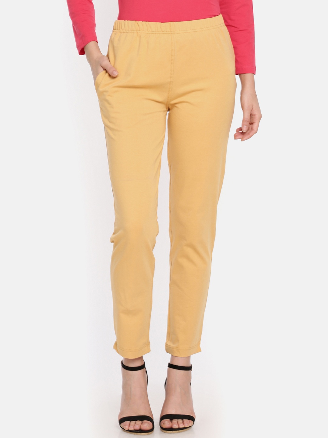 

Dollar Missy Women Mustard Yellow Solid Classic Straight Fit Cigarette Trousers