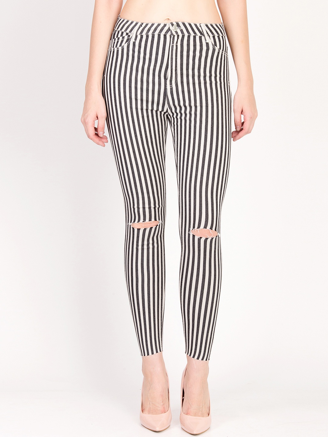 

Kotty Women White and Black Striped Skinny Fit High-Rise Distress Jeans