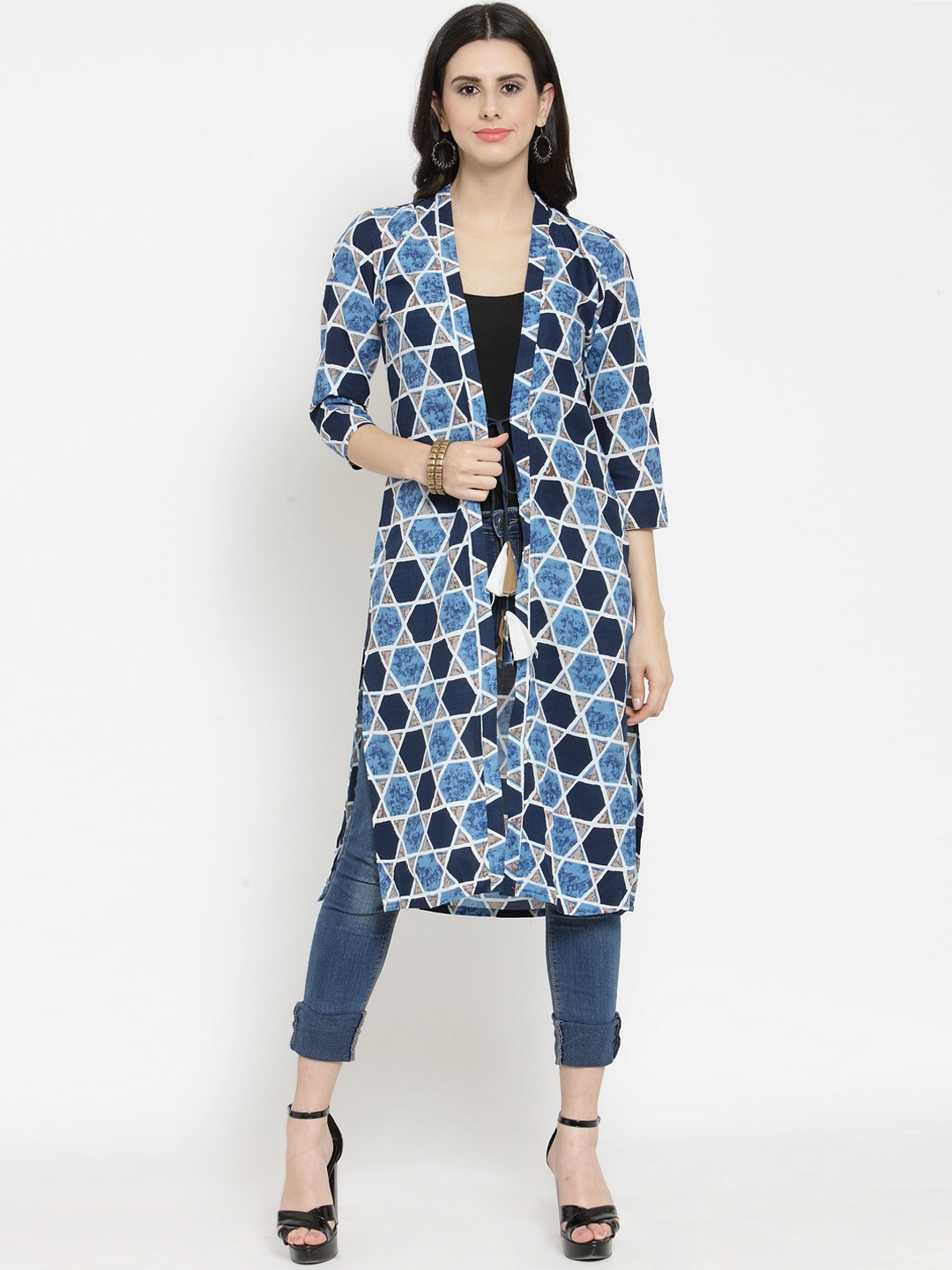

Indibelle Women Blue Printed Longline Shrug