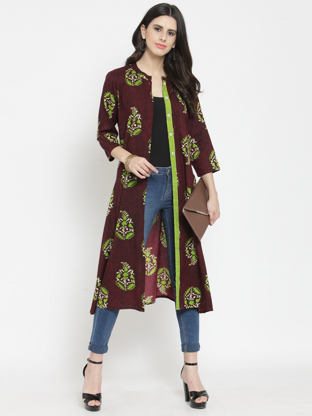 

Indibelle Women Burgundy & Lime Green Printed Longline Shrug