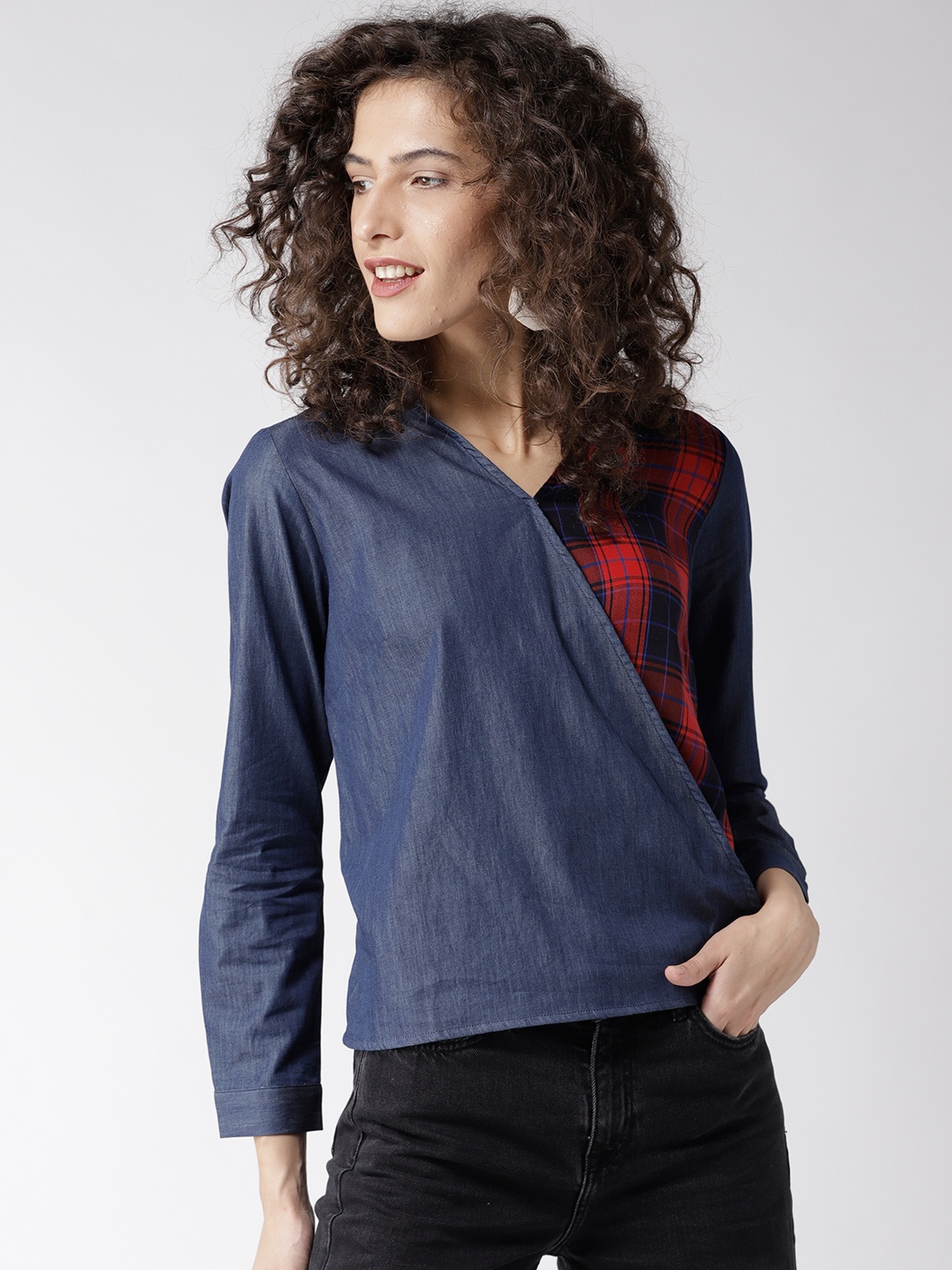 

Madame Women Blue & Red Checked Chambray Wrap Pure Cotton Top