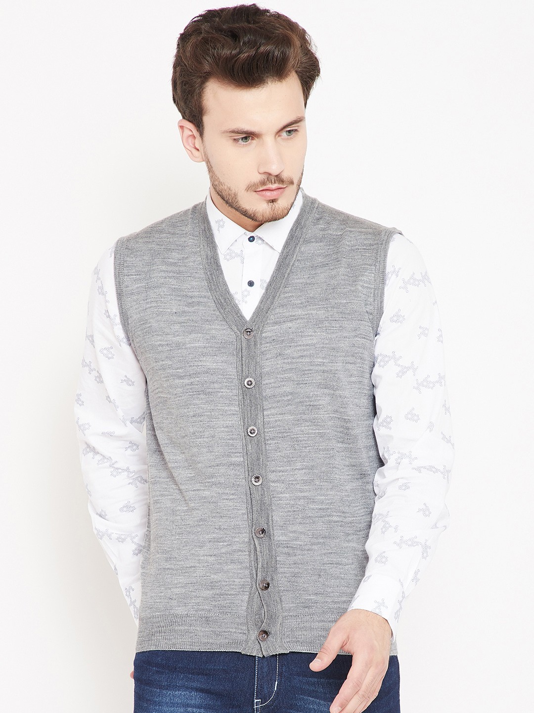 

Pierre Carlo Men Grey Melange Sleeveless Solid Cardigan