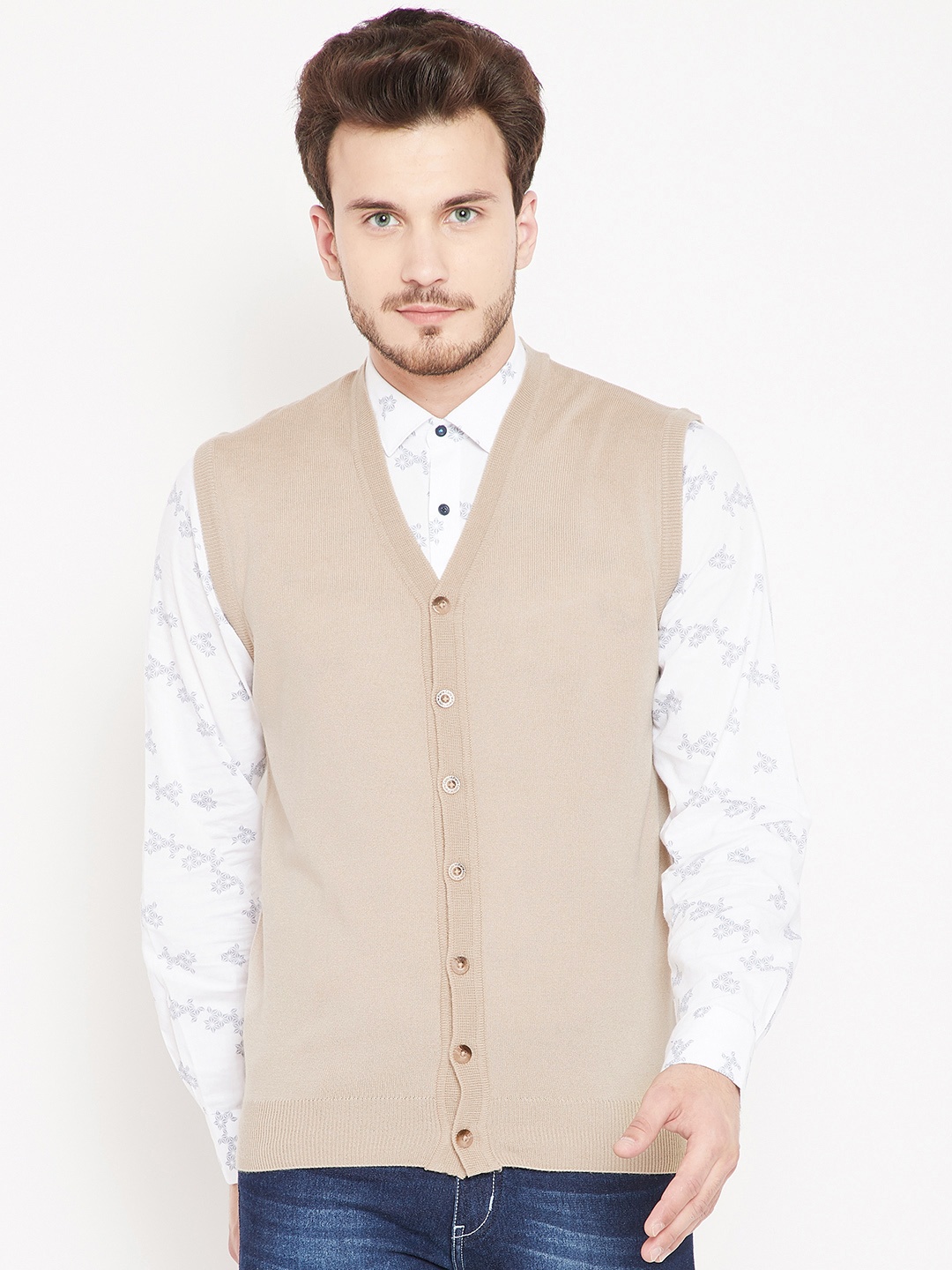 

Pierre Carlo Men Beige Solid Sleeveless Cardigan