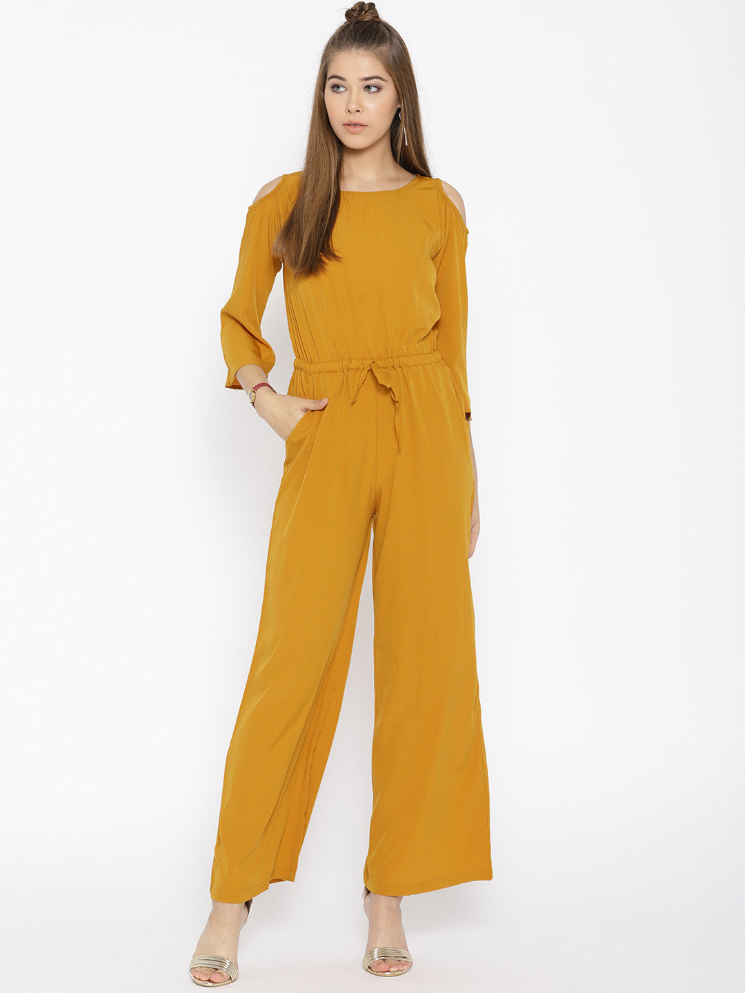 

Cottinfab Mustard Yellow Solid Cold-Shoulder Jumpsuit