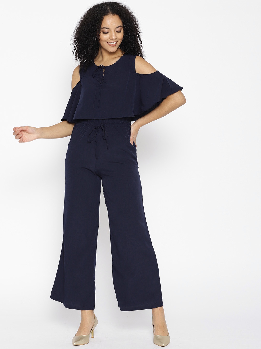 

Cottinfab Navy Blue Layered Cold-Shoulder Jumpsuit