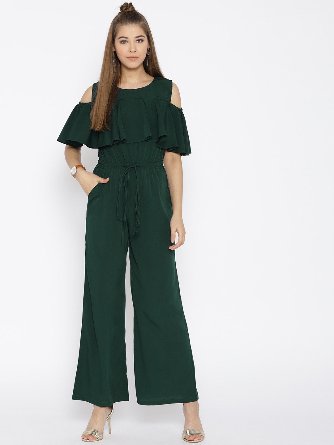 

Cottinfab Olive Green Solid Cold-Shoulder Jumpsuit