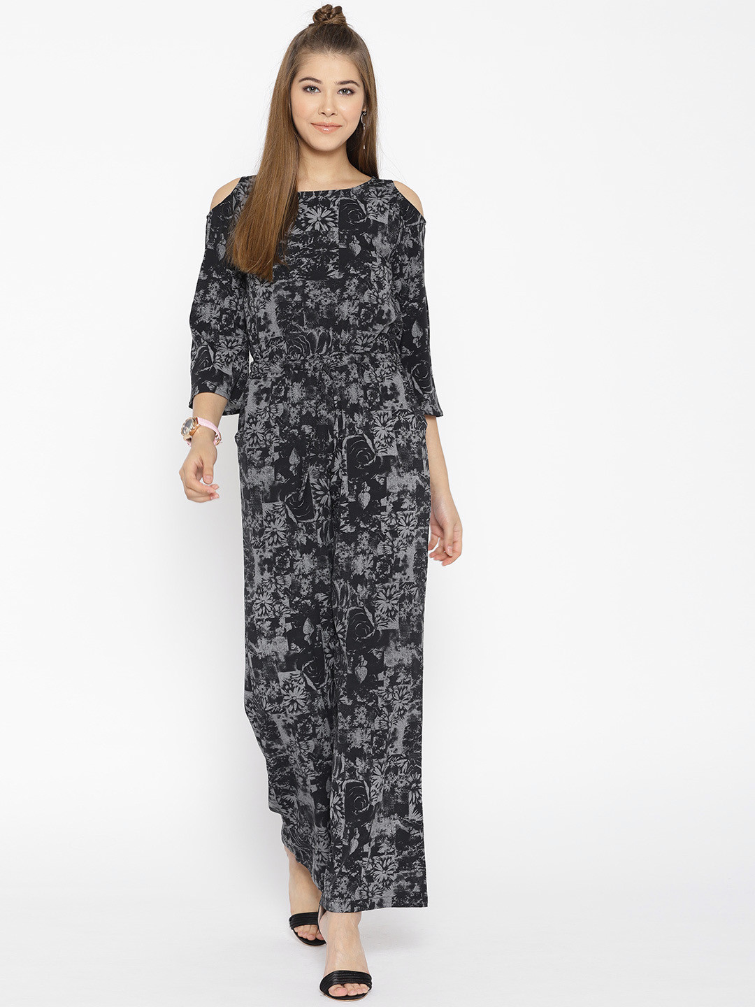 

Cottinfab Black & Grey Printed Cold-Shoulder Jumpsuit