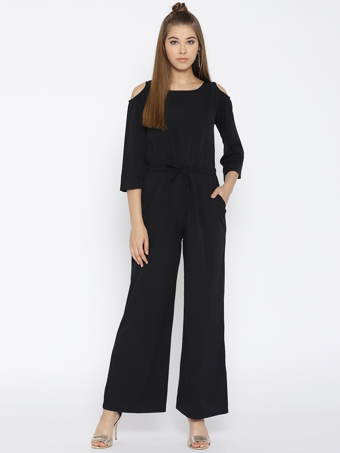 

Cottinfab Black Solid Cold-Shoulder Jumpsuit