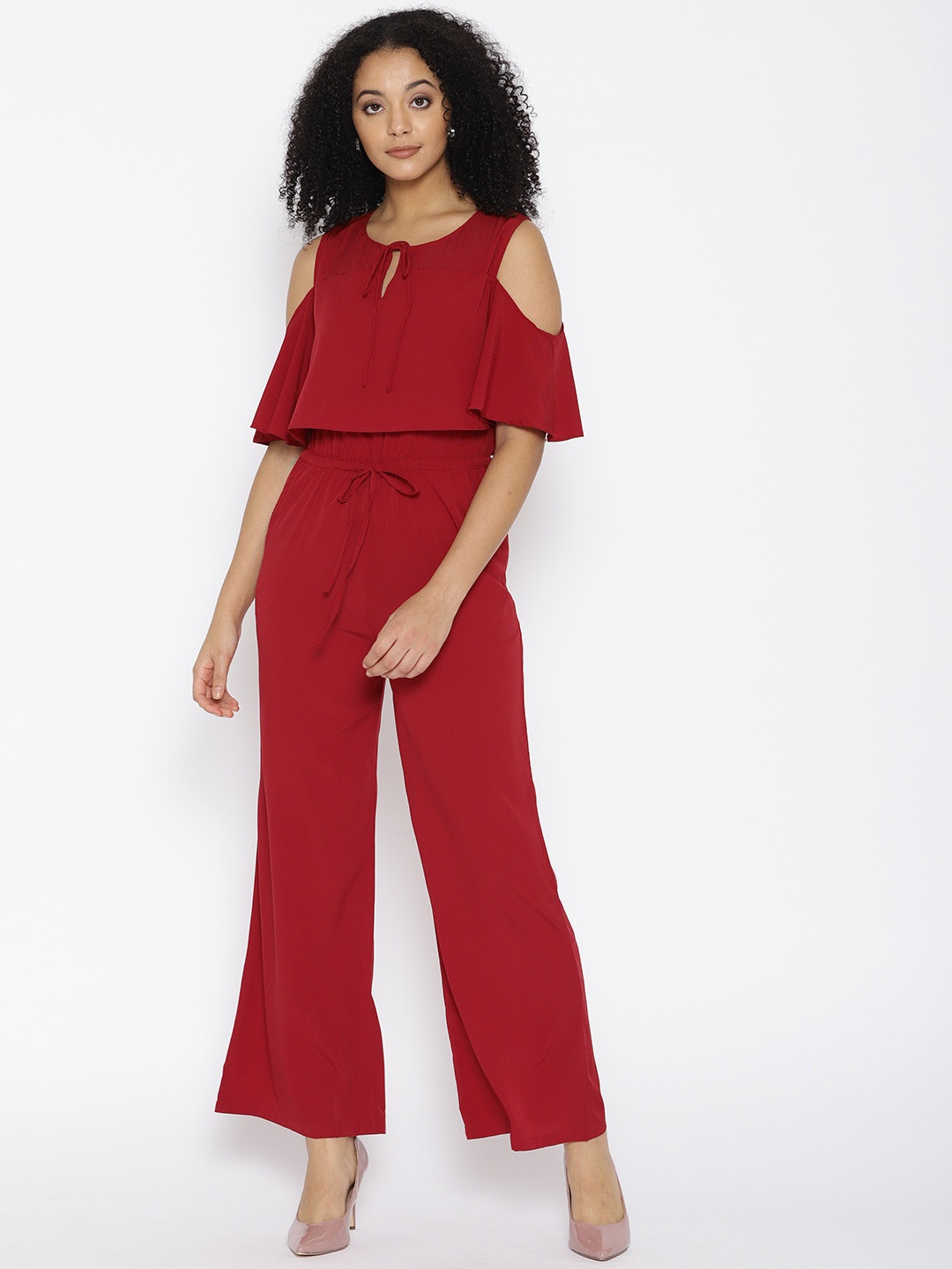 

Cottinfab Maroon Layered Cold-Shoulder Jumpsuit