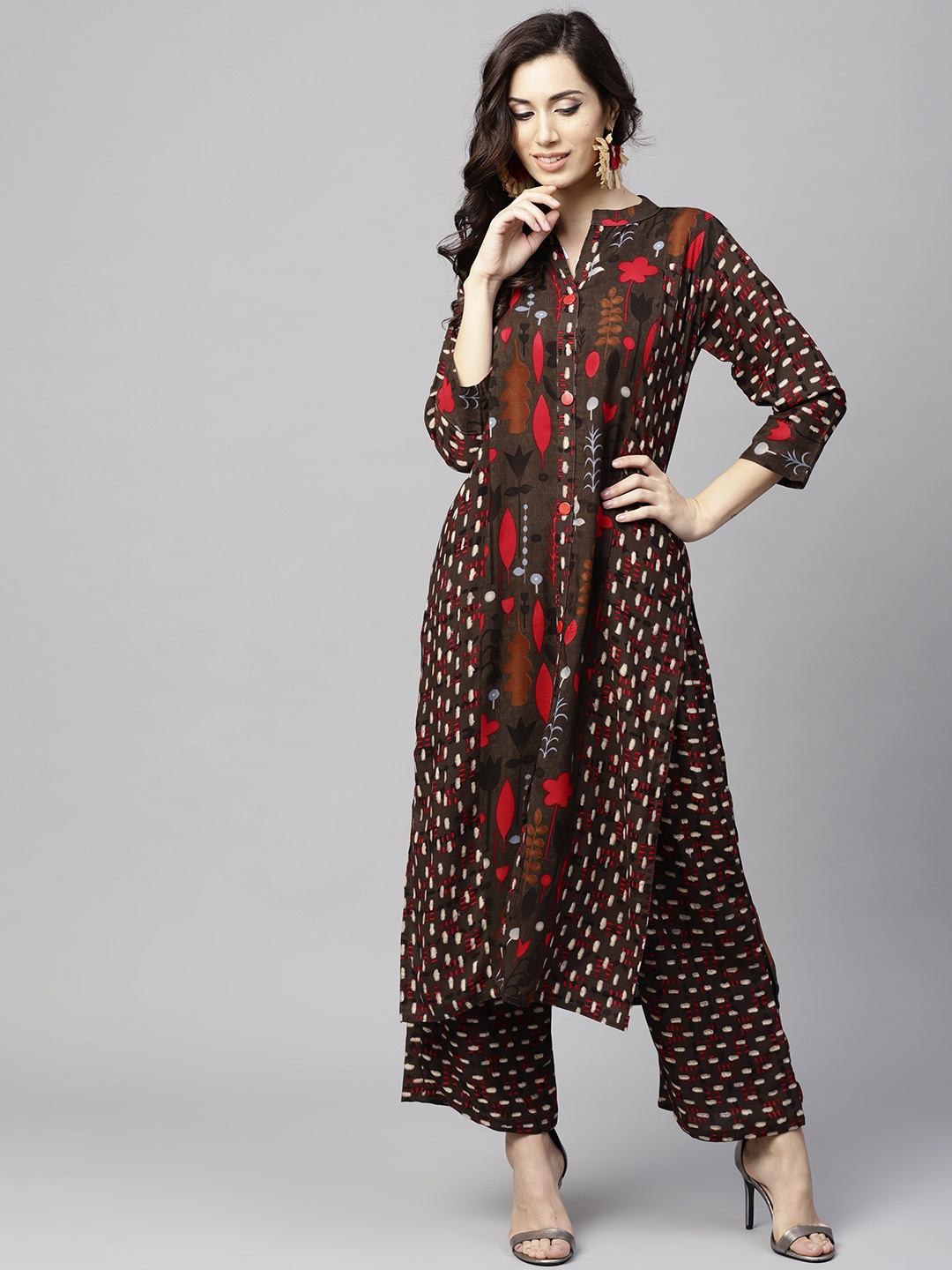 

Yuris Women Coffee Brown & Red Printed Kurta with Palazzos