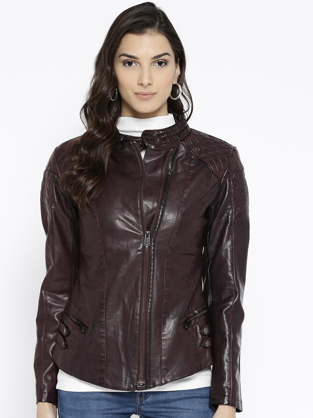 

Fort Collins Women Burgundy Solid Biker Jacket