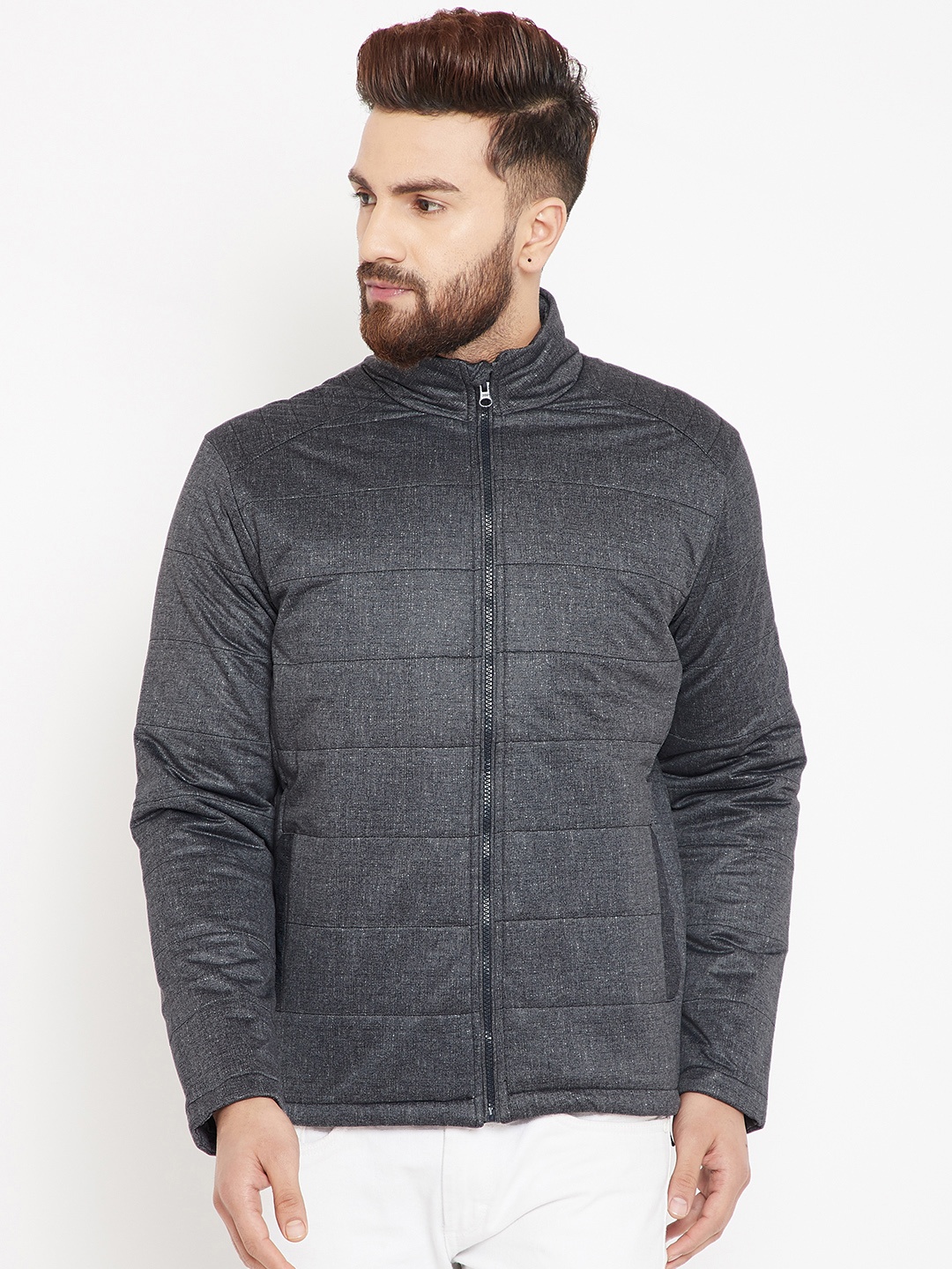 

Pierre Carlo Men Charcoal Grey Solid Padded Jacket