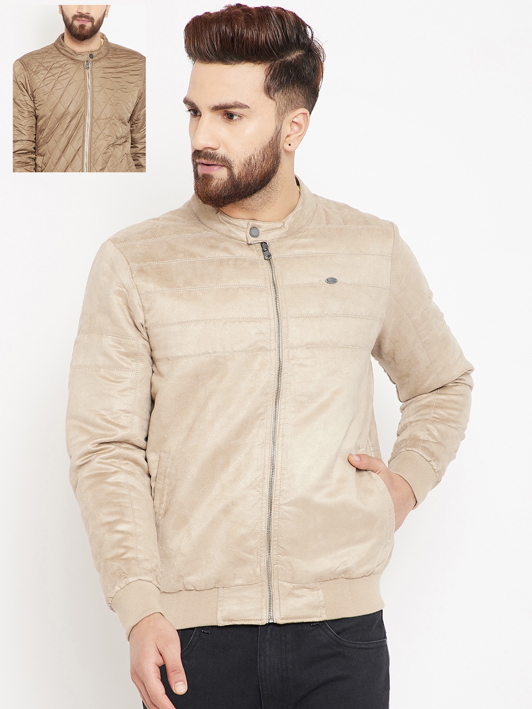 

Pierre Carlo Men Beige & Brown Solid Reversible Bomber Jacket