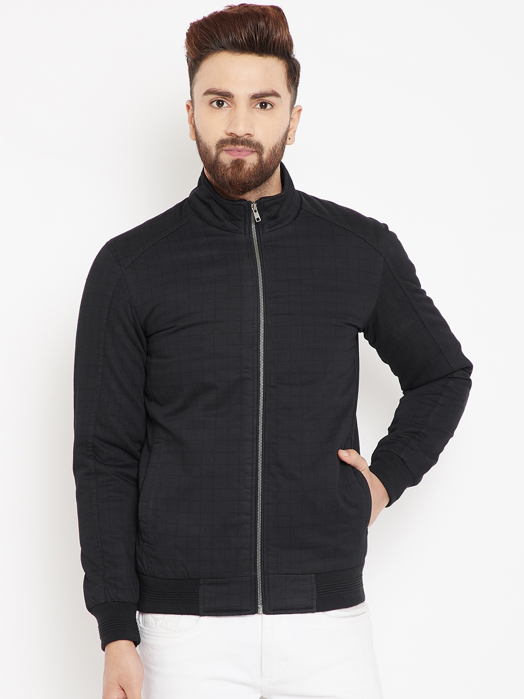 

Pierre Carlo Men Black Checked Bomber Jacket