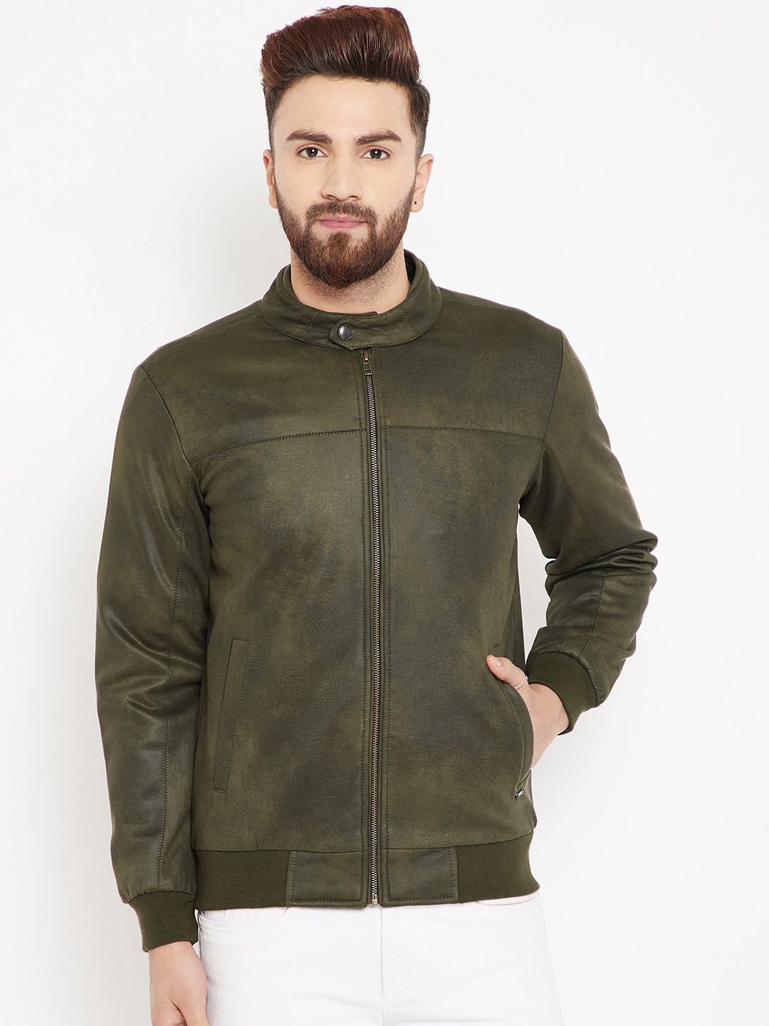 

Pierre Carlo Men Olive Green Solid Bomber Jacket