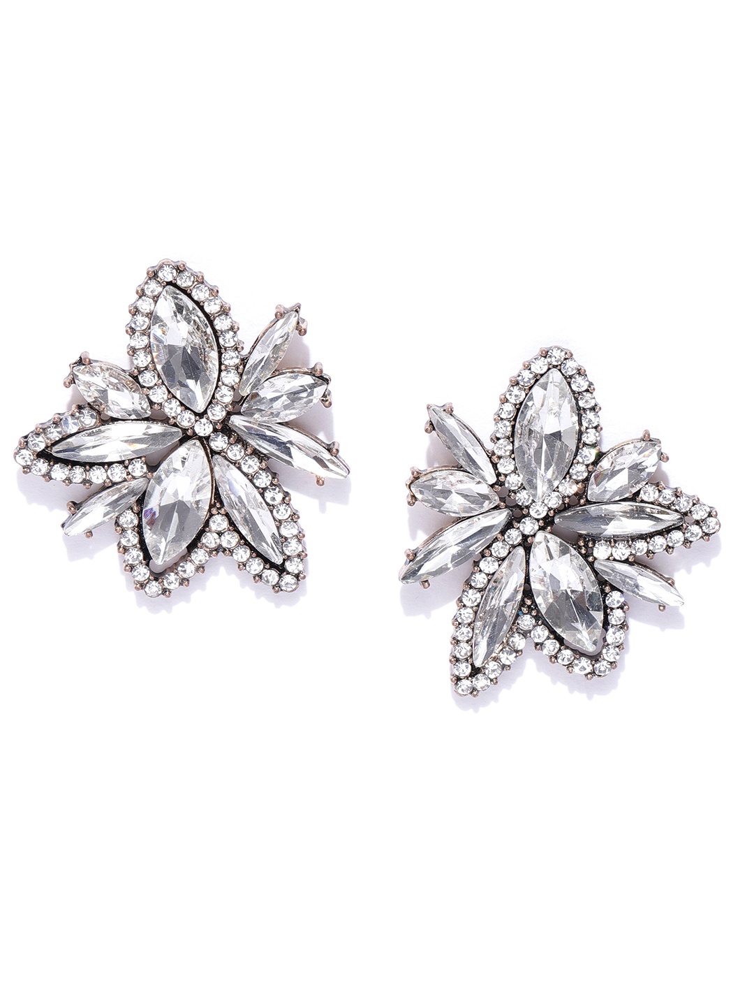 

OOMPH Antique Gold-Toned CZ Stone-Studded Floral Oversized Studs