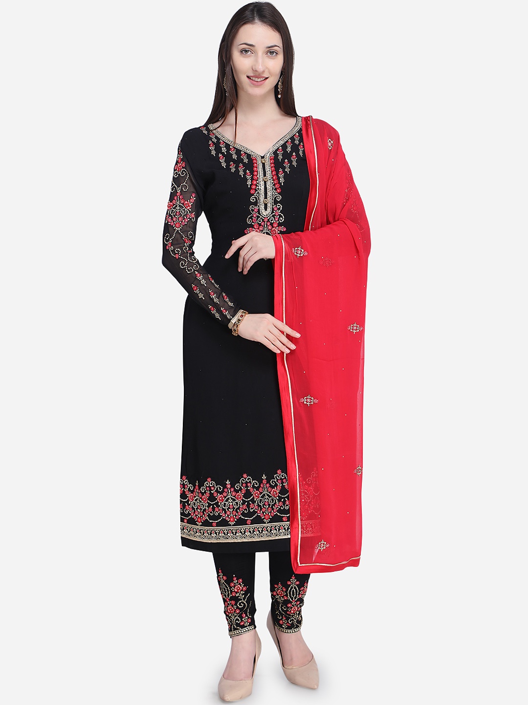 

Stylee LIFESTYLE Black & Red Poly Georgette Semi-Stitched Dress Material