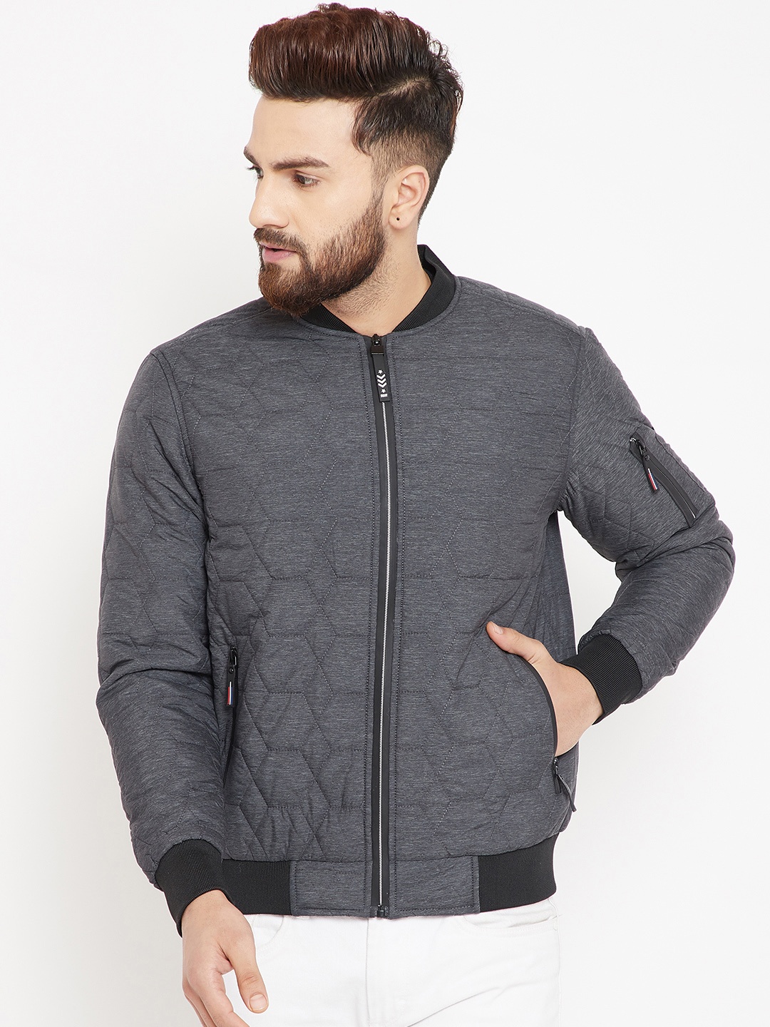 

Pierre Carlo Men Charcoal Grey Solid Bomber Jacket