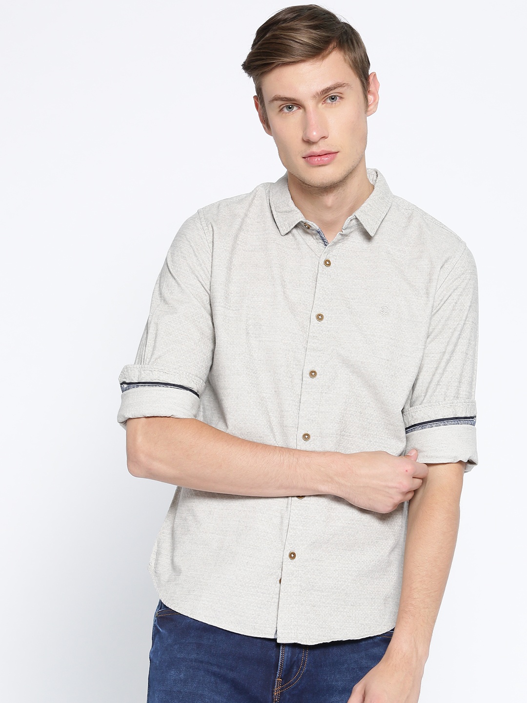 

United Colors of Benetton Men Grey Slim Fit Self-Design Corduroy Casual Shirt