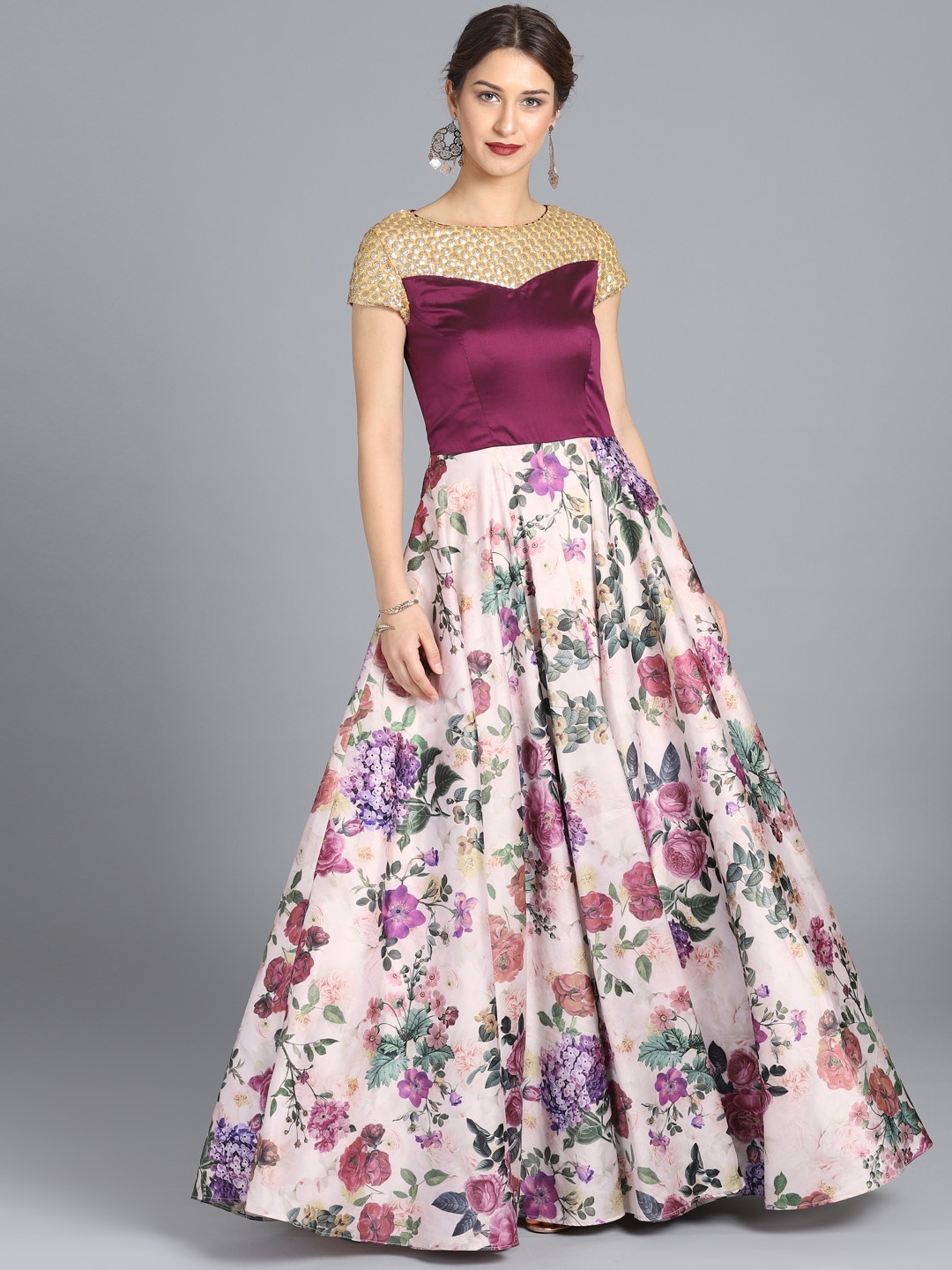 

Ethnovog Women Off-White Purple Made to Measure Printed Cocktail Gown