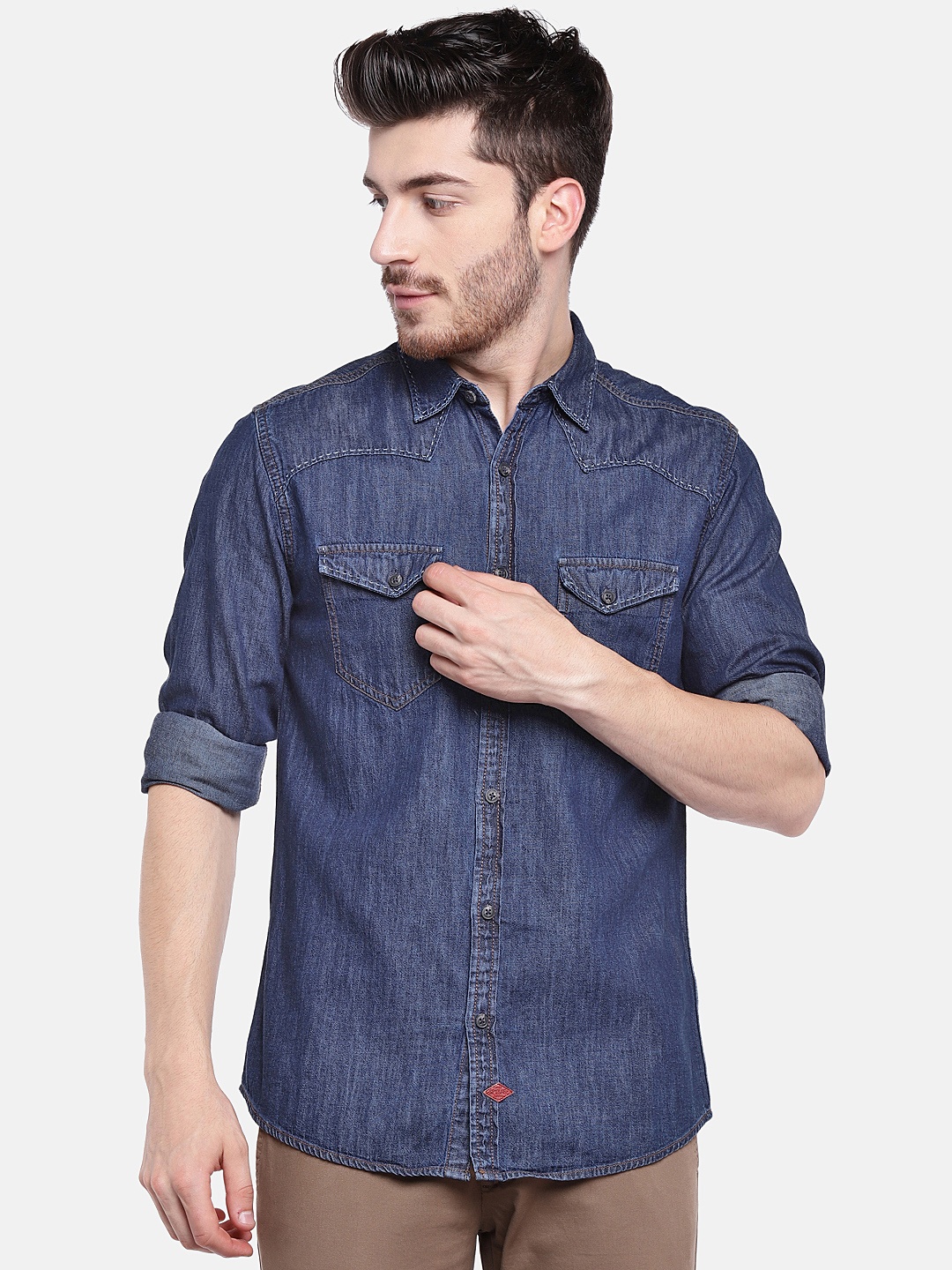 

SPYKAR Men Navy Blue Classic Slim Fit Faded Denim Casual Shirt
