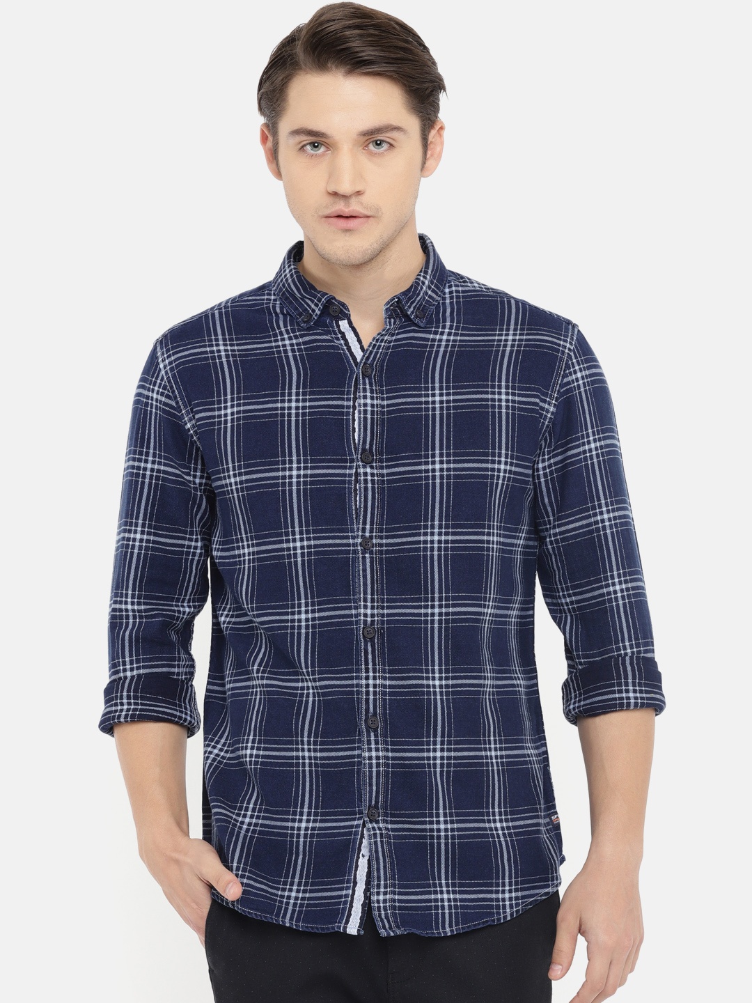 

SPYKAR Men Navy Blue & Grey Slim Fit Checked Casual Shirt